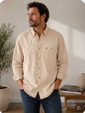 Browning Men’s Beige Button Down Utility Hunting Shirt Long Sleeve Outdoor